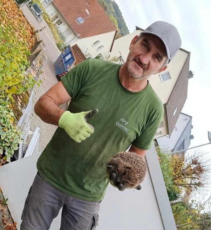 Jörg Quinten hält einen geretteten Igel auf der Hand und zeigt Daumen hoch