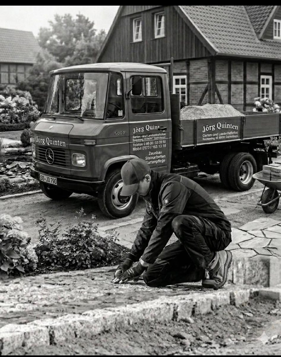 Jörg Quinten in den Anfangsjahren – mit dem alten Mercedes-Lkw beim Pflastern
