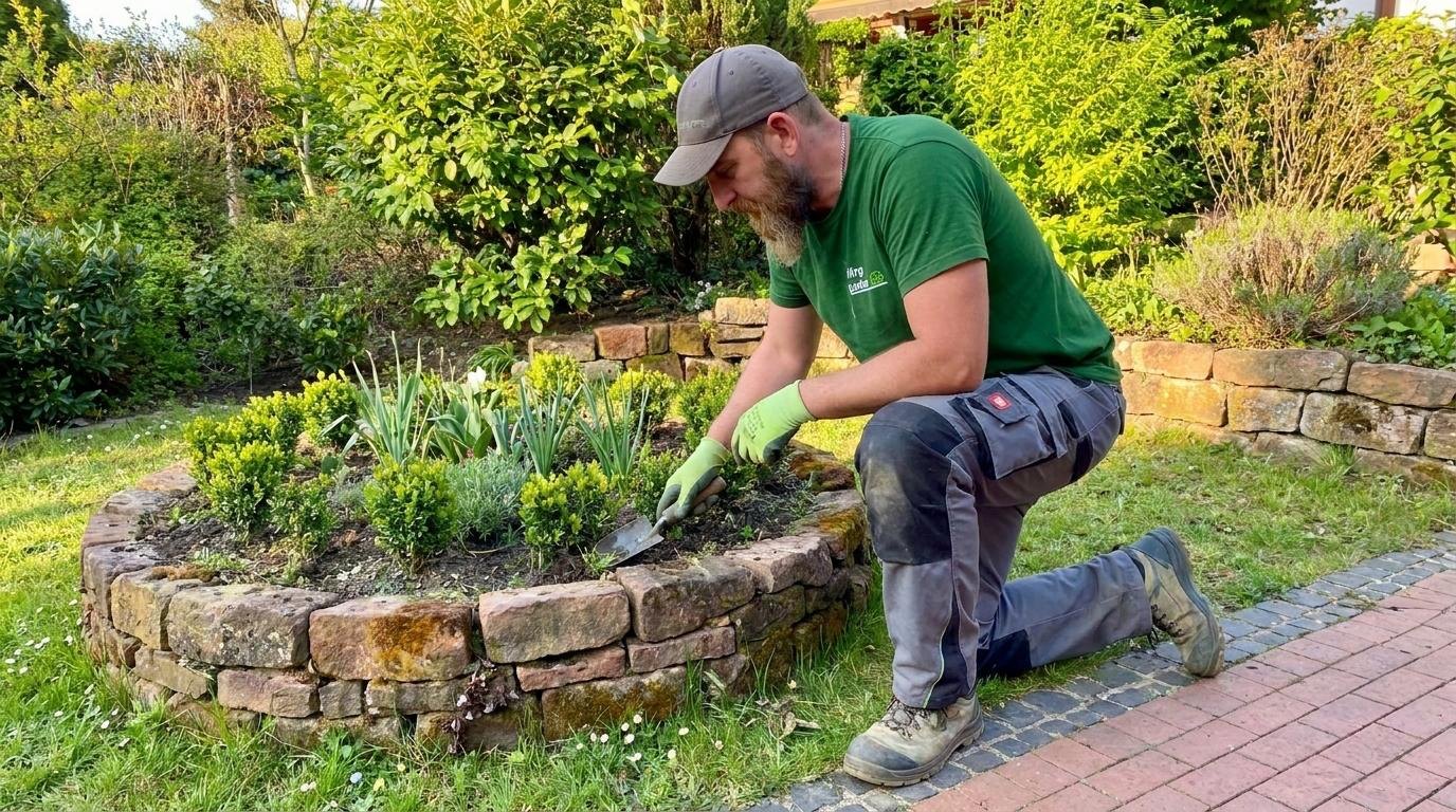 Mitarbeiter bepflanzt ein Sandstein-Hochbeet
