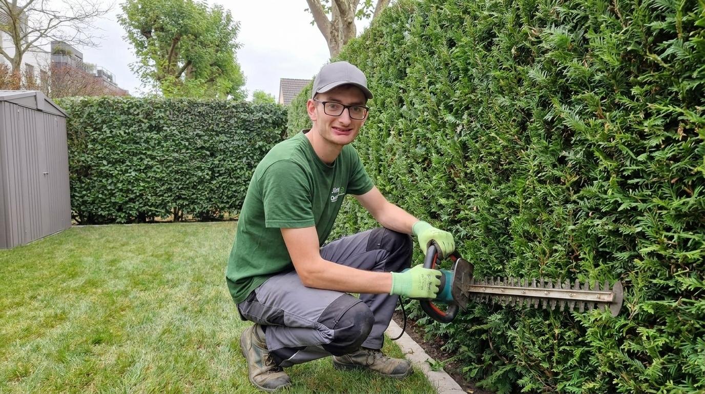 Mitarbeiter beim Heckenschnitt mit der Heckenschere